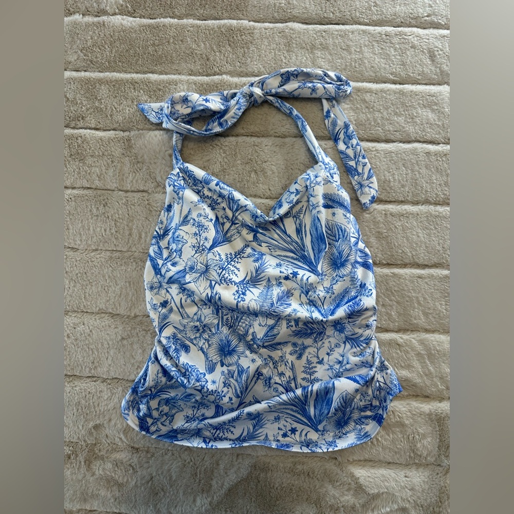 Blue and White Floral Halter Top, XS
